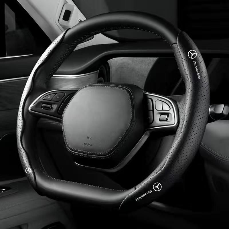 【新品未使用】メルセデス・ベンツ BENZブラックハンドルカバー ハンドル保護 専車ロゴ ステアリングカバー レザー 滑り止め D型 O型 分割 タイプ 2本セット aacn qtm