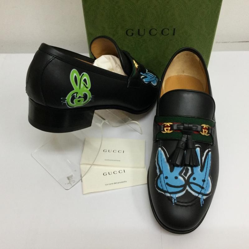 GUCCI グッチ ローファー 732262 Loafer Web Interlocking G Black Neon Bunny Motifs うさぎ バニープリント ローファー サイズ 6