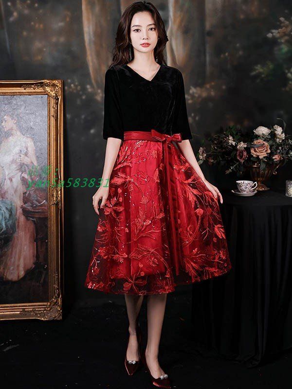 ドレス ショート丈 ひざ丈ドレス 演奏会 ピアノ 発表会 Aライン Vネック スエード ファスナー エレガント大きいサイズ フェミニン 5分袖付き 袖あり yan5a583831