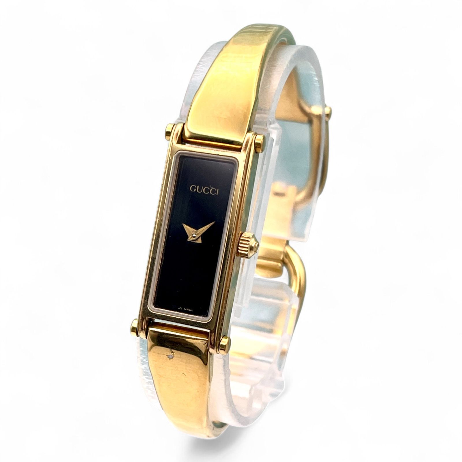 稼働 □ GUCCI グッチ 1500 レディース ゴールド バングル 黒文字盤  