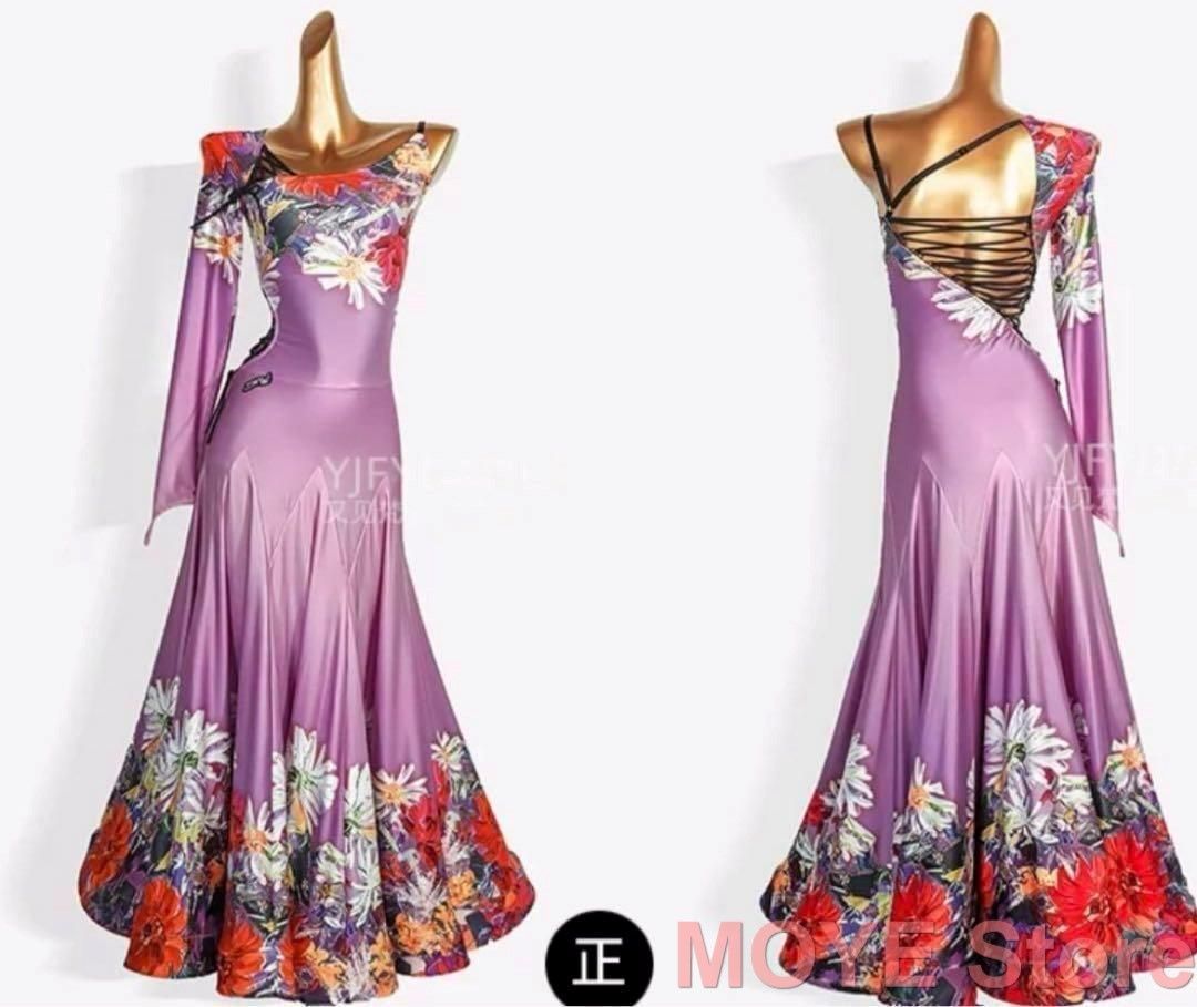 新品・未使用社交ダンスドレス モダンダンス ワルツ 花柄 プリント S