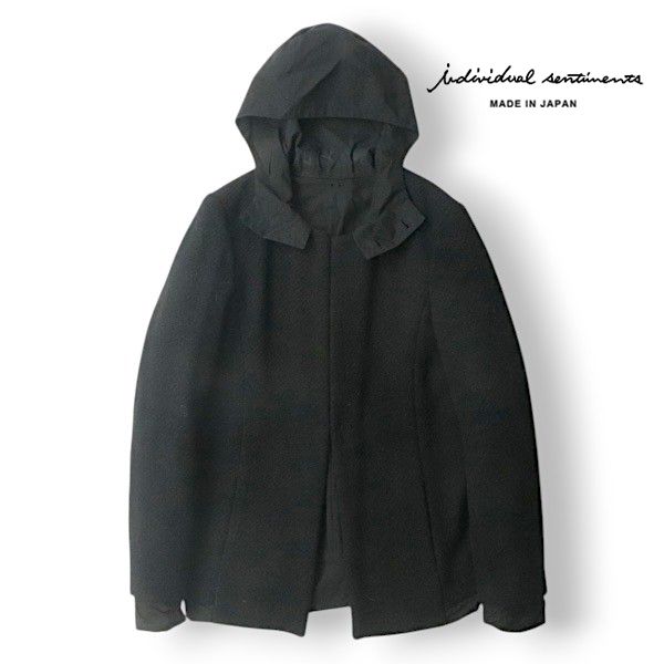 美品 individual sentiments インディビジュアル センチメンツ 日本製 ツイード レイヤーデザイン 比翼コート 黒 S【参考価格￥121，000-】