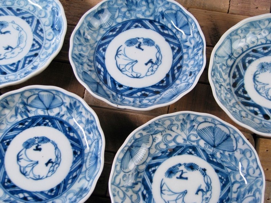 古伊万里 染付 花唐草文小皿5枚 幅：12.8cm 江戸後期/25i044