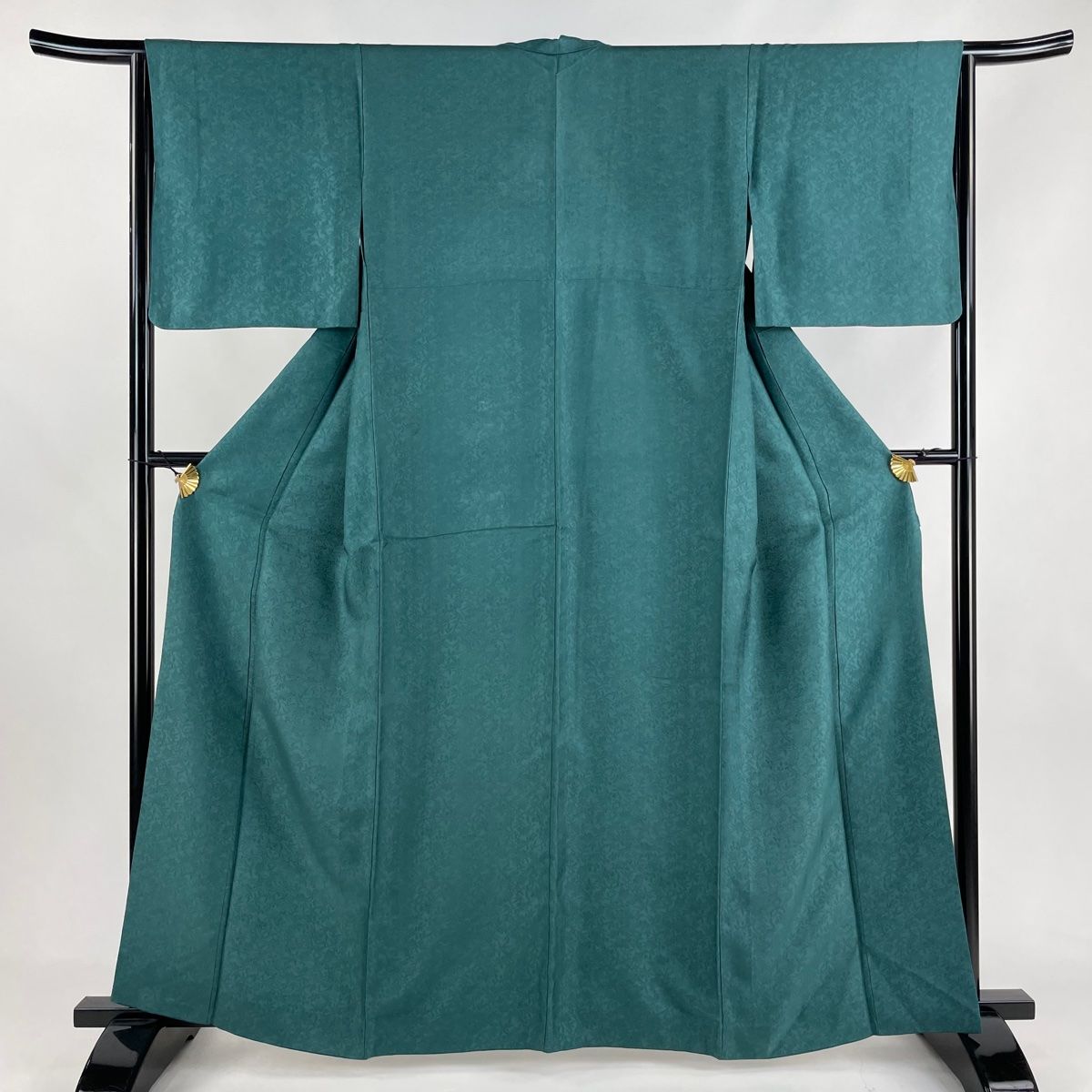 色無地 身丈161.5cm 裄丈66cm M 単衣 地紋 青緑 正絹 秀品