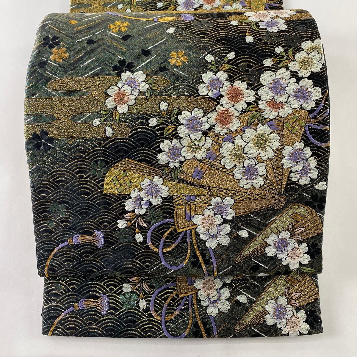 【S1072】着物 袋帯 六通 箔錦つづれ 地紙枝垂桜 金糸 刺繍 428㎝
