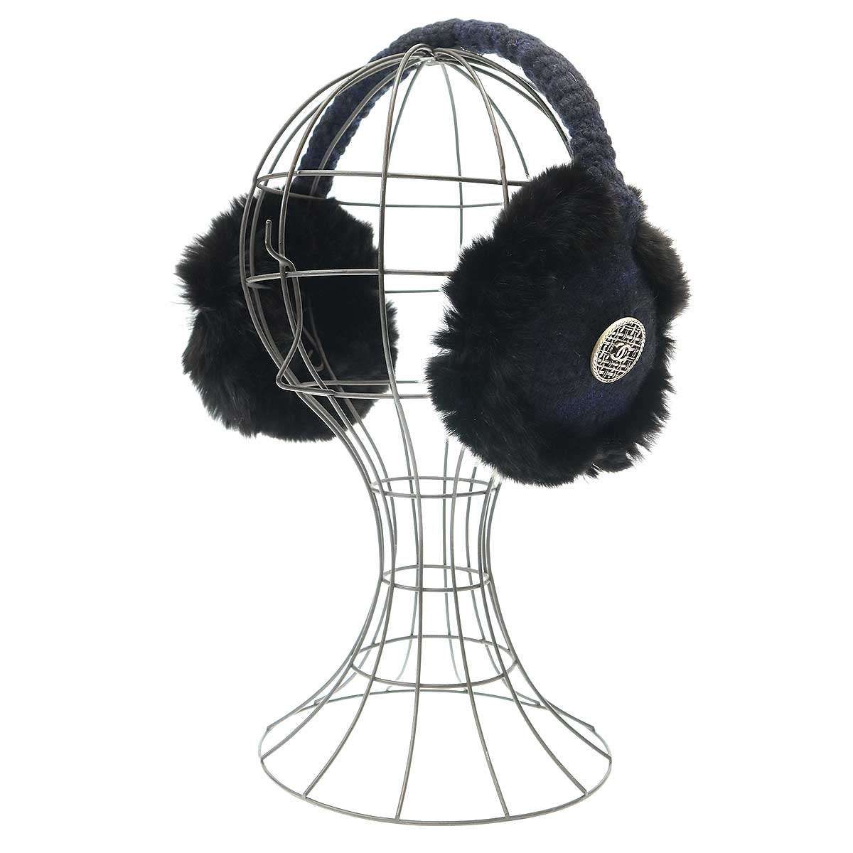 CHANEL シャネル ココマーク ツイードファー イヤーマフ ネイビー×ブラック