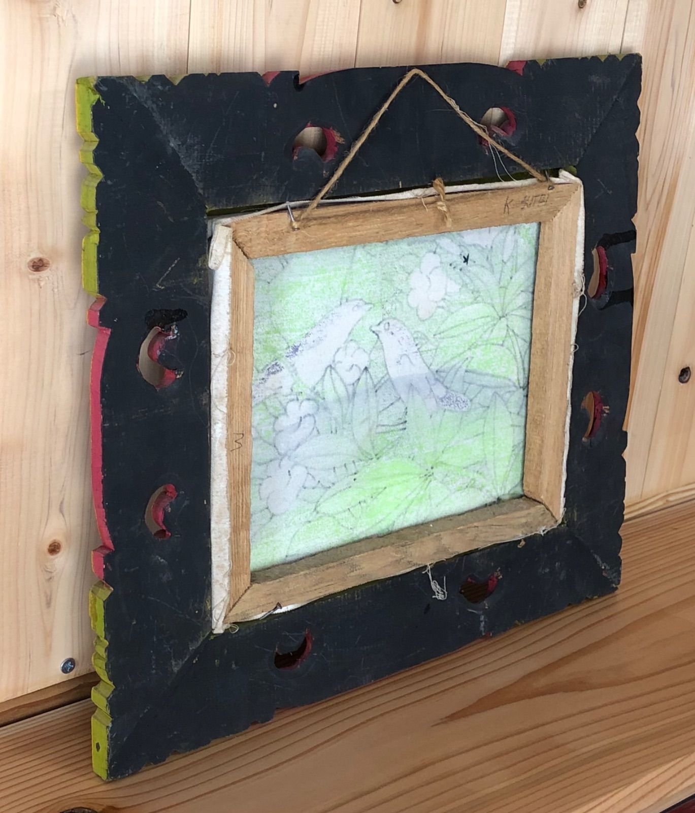 バリ島　芸品　ハンドメイド　アート ① バリアート バリ島 アジアン雑貨 額付花鳥画 自然 鳥 花 バリ絵画