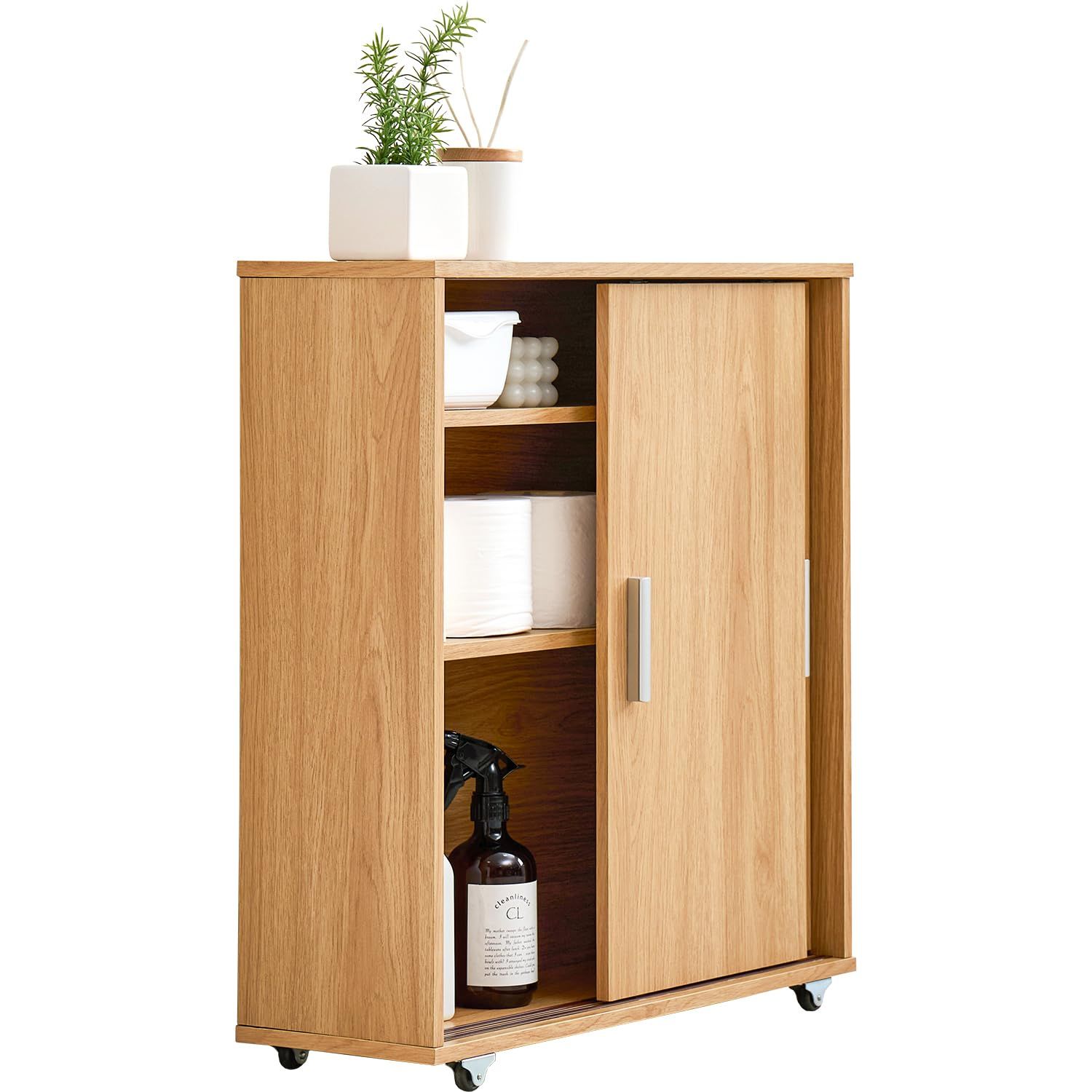 萩原 トイレラック 収納 スリム 洗面所収納 扉 棚板 取っ手 付き 引き戸 薄型 コンパクト キャスター付き 幅59 奥行19.5 高さ63 ナチュラル RTR-1348NA
