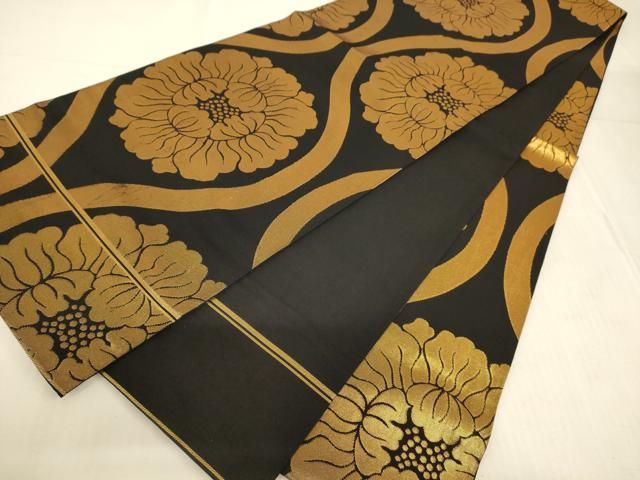 【メール便送料無料対応可】 平和屋着物◎織物一筋名門 黒地 立涌花文 本袋 全通柄袋帯 織悦 着物・浴衣