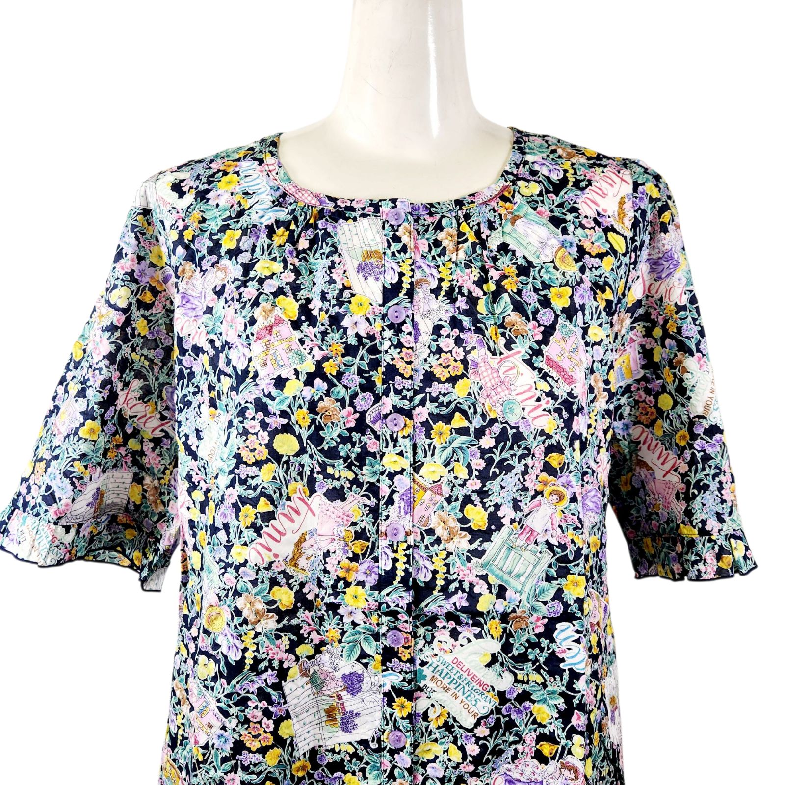 春物入荷 鴨居羊子 TUNIC 5分袖全開 パジャマ 80ローンサッカー 小花 濃紺色 36088