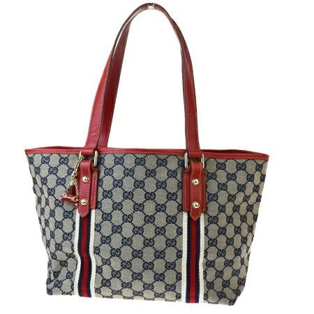 【中古】 グッチ GUCCI シェリー トートバッグ ショルダー GG柄 ネイビー レッド キャンバス レザー 38MF834