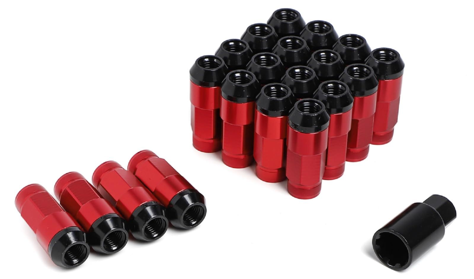 スチール製 ホイールナット スチールナット タイヤナット レーシングナット 上下二分割 アルミ ハイブリット 分割式 ロックナット 貫通ナット ナット 盗難防止 M12 x P1.5 ソケット付き 20本セット レッド レッド