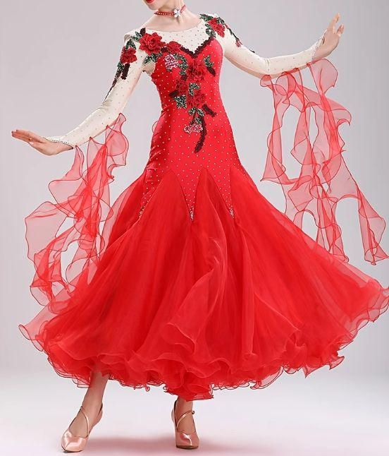 新品未使用社交ダンスドレス モダンダンス 薔薇刺繍 キラキラ レッド