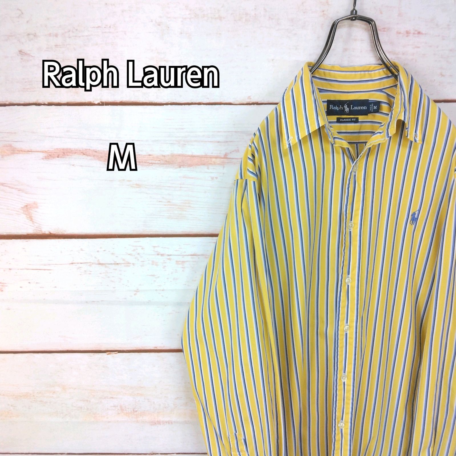 Ralph Lauren ラルフローレン 長袖ボタンダウンシャツ ポニー刺繍 イエロー系 ブルーストライプ メンズ Mサイズ