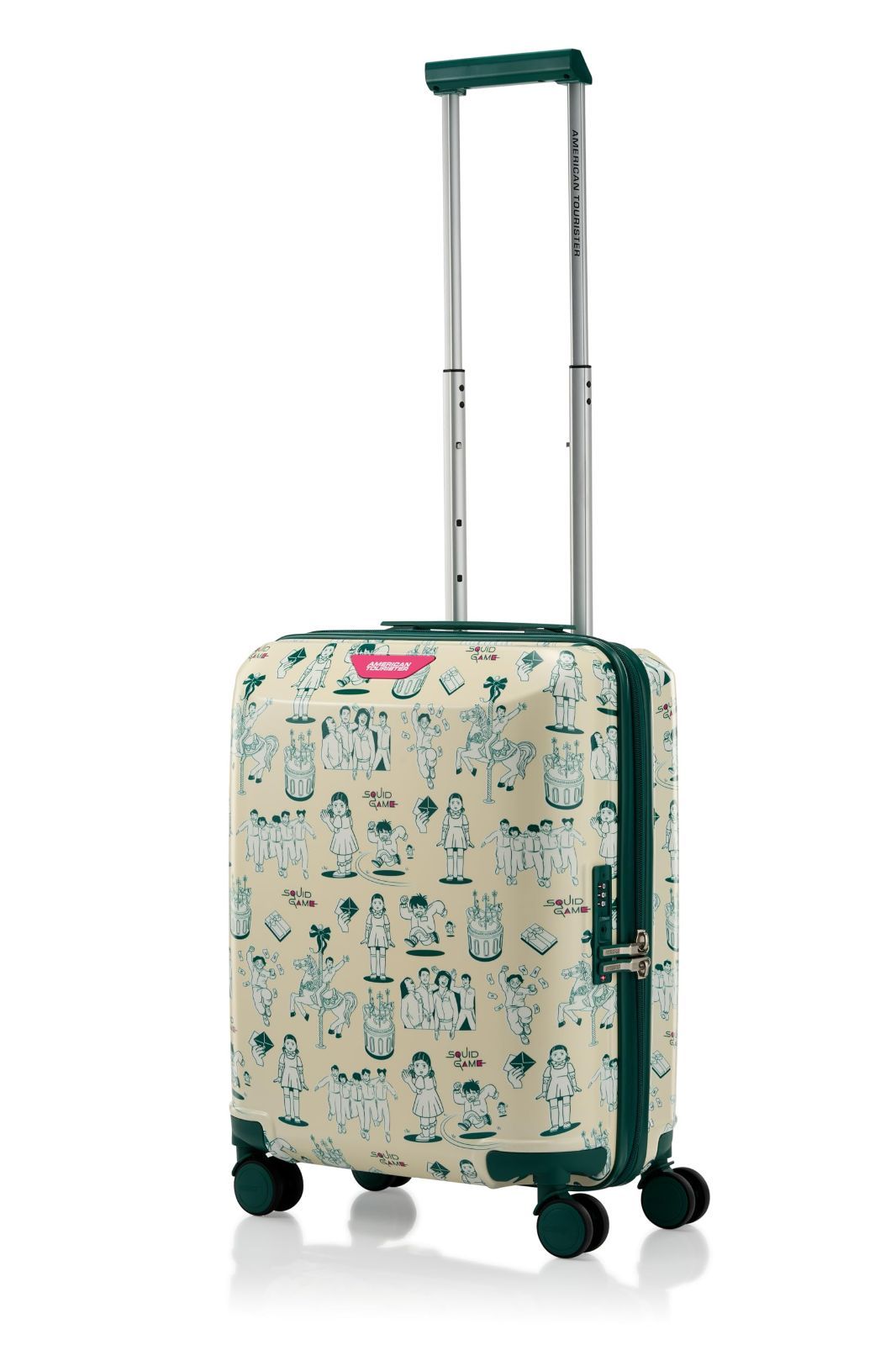 大 パール×ディープグリーン 2.7kg 52cm 34L TSAロック キャラクター柄 ピンクガードのラゲッジタグ付き 1-3泊 Sサイズ 機内持ち込み可 52 スピナー GAME SQUID スクイッドゲーム イカゲーム キャリーケース スーツケー