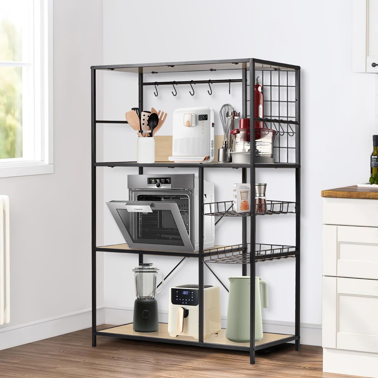 新着商品 全体耐荷重90kg 大型電子レンジ対応 キッチン棚 食器棚 キッチン収納 幅83 キッチンラック S字フック10個 レンジ台 レンジラック アジャスター付きオープンラック fusehome