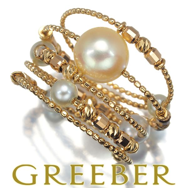 パール 真珠 3.2-6.8mm カットボール フリーサイズ リング K18YG  