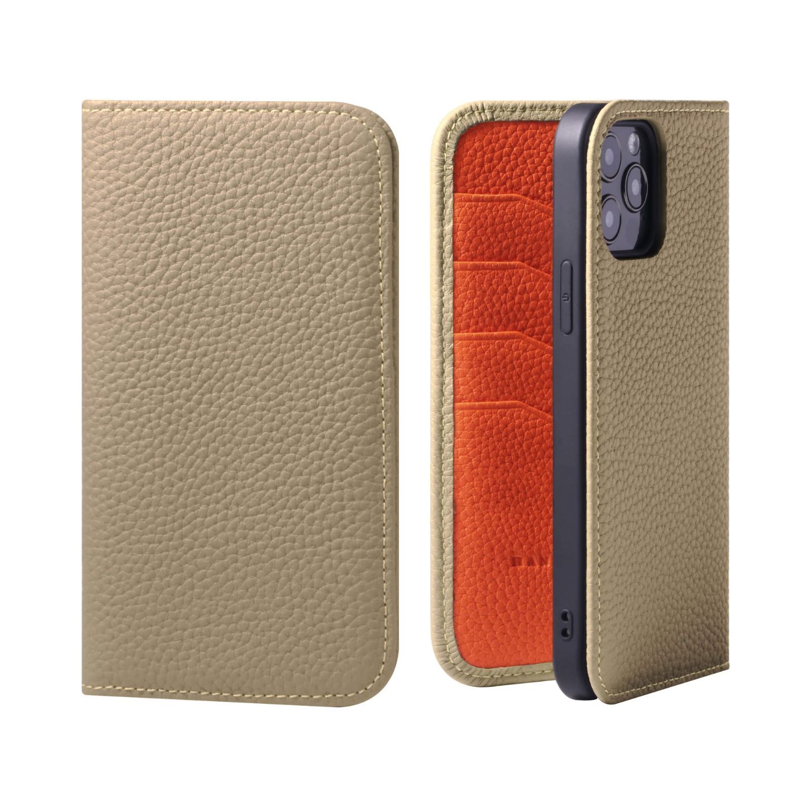 【新着商品】手帳型 ケース 本革 スマホケース スマホ スタンド iPhone12ProMax コードホルダー 付き シュリンクカーフレザー ギフト マグネットなし HANATORA グレージュ + オレンジ PH-12ProMax-Grege-O
