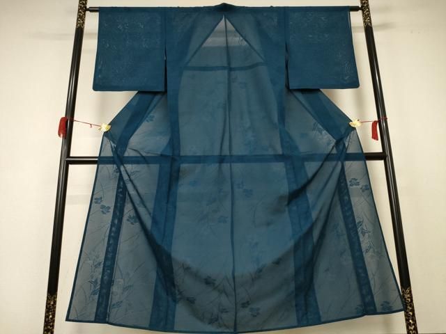 平和屋着物＊夏物 色無地 絽 草花文紗 高麗納戸色 正絹 AABC1883jd