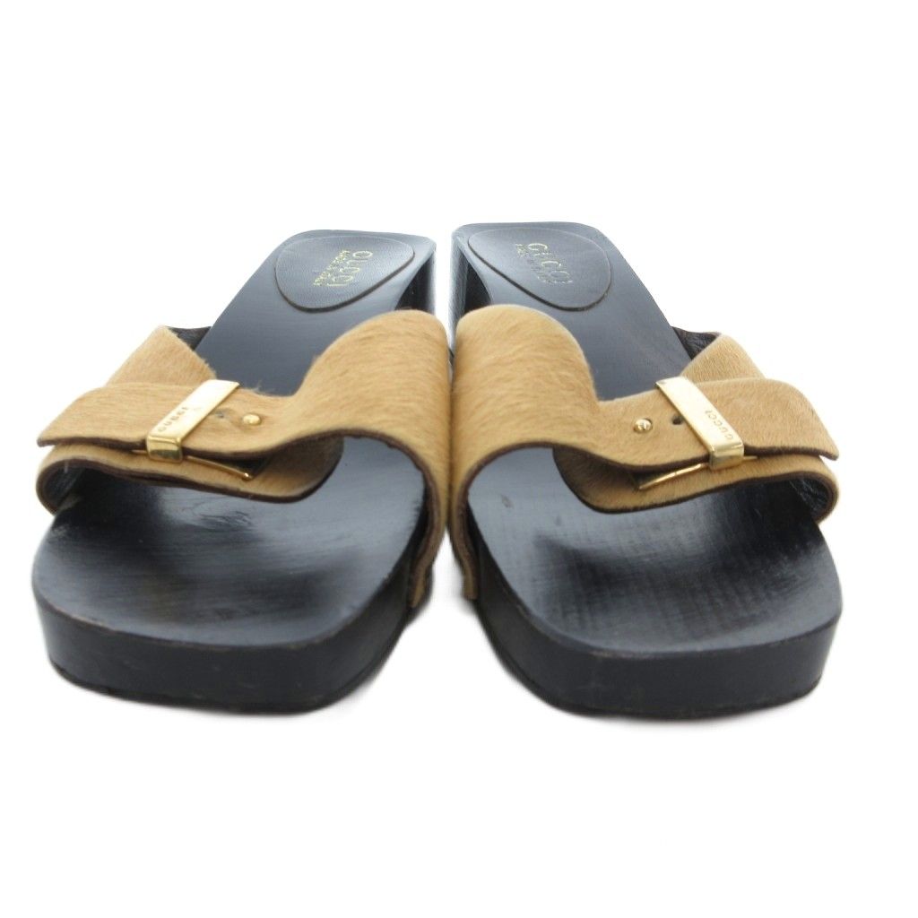 グッチ GUCCI コンフォートサンダル ハラコ ロゴ ヒール 36.5 黒 ブラック JS GY18