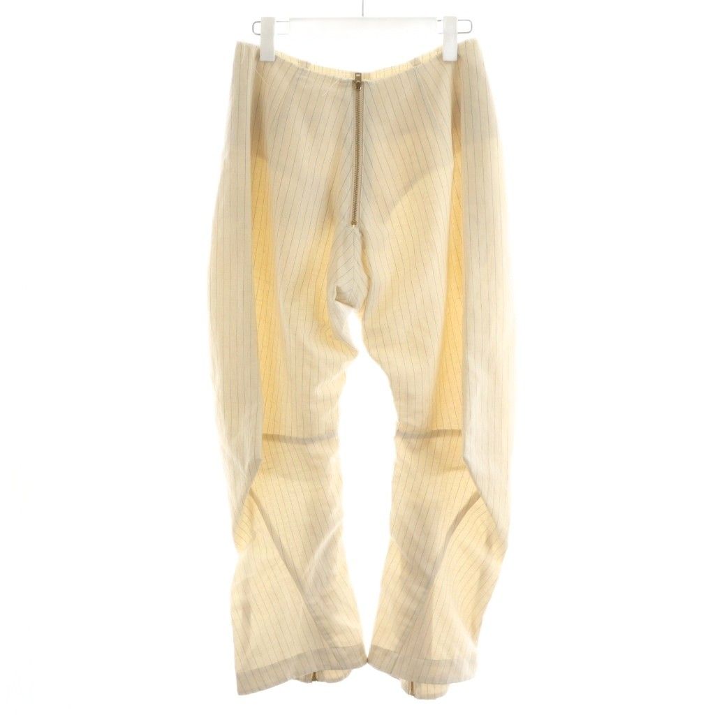 アキコアオキ AKIKOAOKI animalistic trousers ユニークシルエットパンツ ストライプ柄 カットオフ 裾ジップ リネン混 麻 36 ベージュ AA23SS-P02-01 AN23 GY52