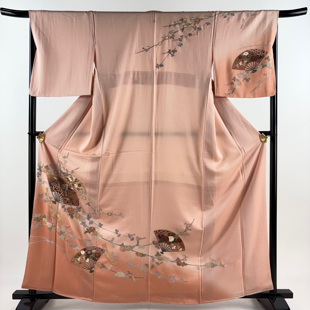 訪問着 身丈163cm 裄丈67cm M 袷 扇 御所車 刺繍 金糸 サーモンピンク 正絹 秀品 一つ紋