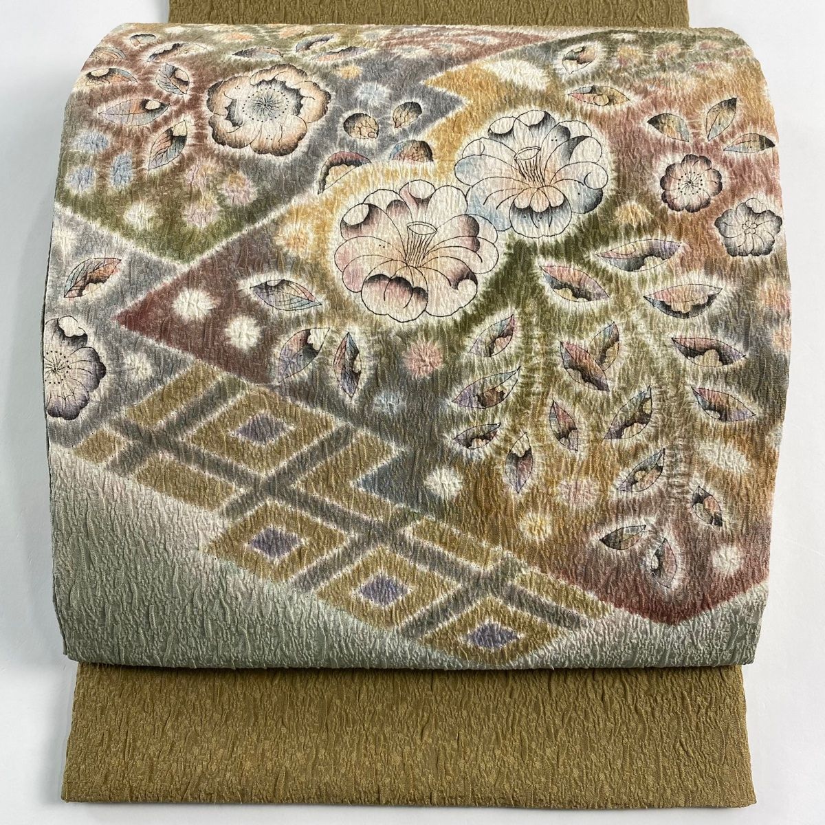 袋帯 秀品 辻が花柄 松皮菱 絞り ぼかし 薄茶色 お太鼓柄 正絹