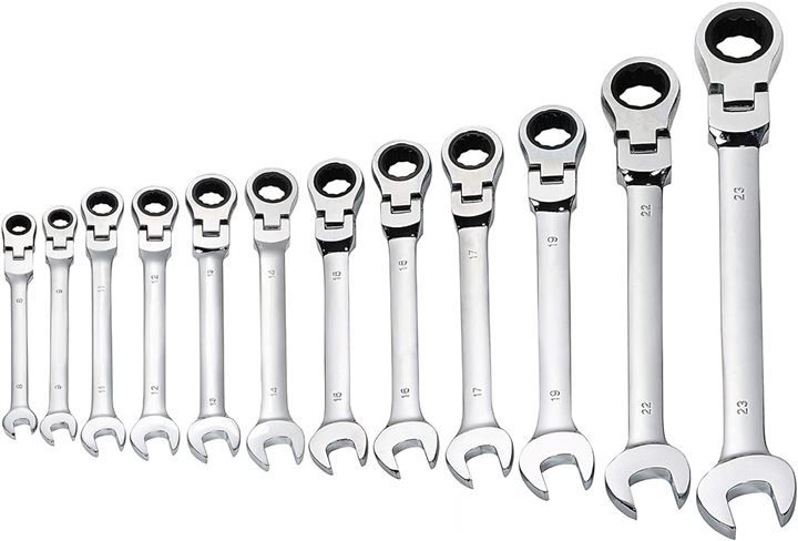 Partools 首振りフレックス ラチェット ギア レンチ セット 大きさ いろいろ フレックスギア スパナ コンビネーションレンチ ラチェットレンチ 工具セット 12本セット