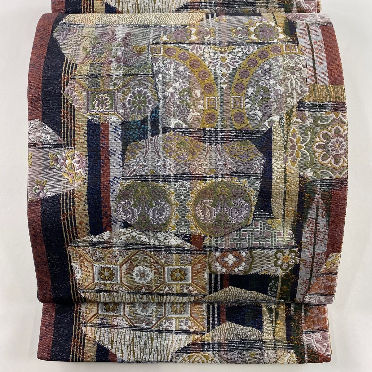 袋帯 秀品 連珠狩猟文 華文 唐織 灰茶 六通 正絹