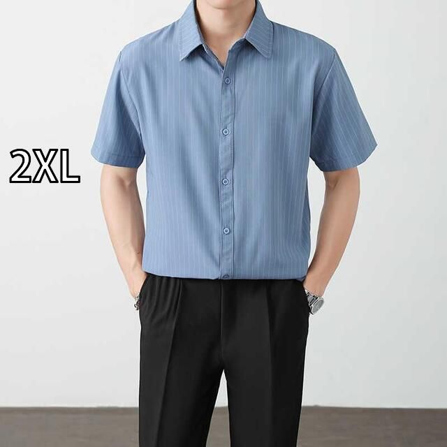 [2XL]メンズ ファッション 服 男性用 オシャレ シンプル 大人 かっこいい 大きいサイズ ストリート 紳士服 夏 ノーアイロン 半袖 シャツ ドレープ 抗シワ ストライプ シャツ スリムフィット