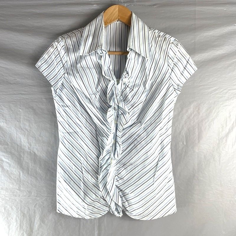ANAYI◆半袖ブラウス/38/コットン/GRY/ストライプ/102117-13-360-62-380 アナイ ANAYI ブラウス 半袖 ストライプ 日本製 白 ブルー 38