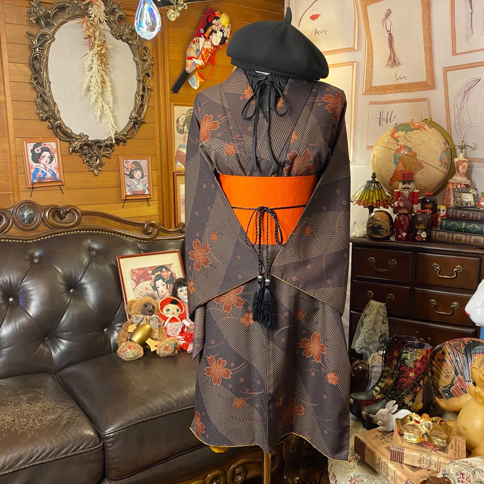 着物 リメイク ミニミディ ワンピース ドレス 洗える 化繊 帯サッシュ