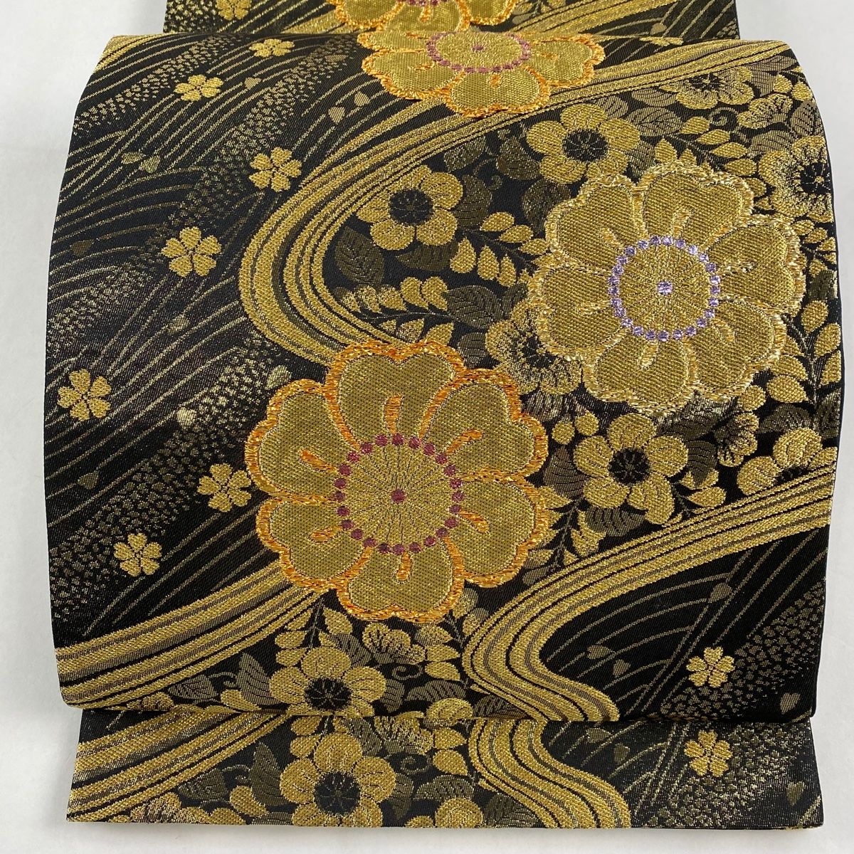 極美品 正絹 袋帯 金箔刺繍 ブラック 絹100% 金銀糸 六通柄袋帯