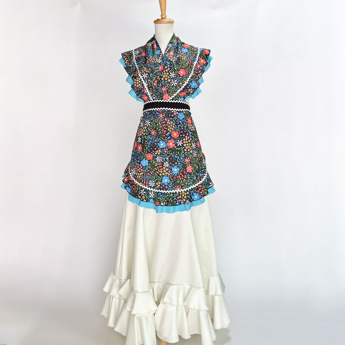 ブルー花柄フリルピキージョ＆エプロンセット(cr-181)／フラメンコ