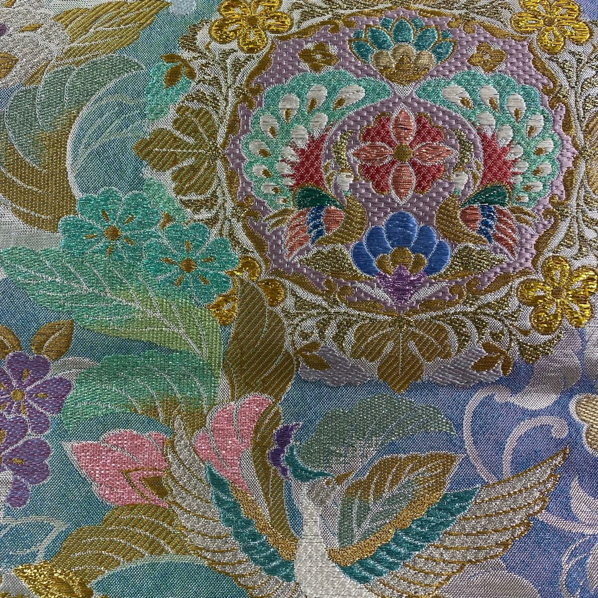B4 美品 すくい織 唐花 金糸 キラキラ 太鼓 正絹 薄物 夏用 絽 紗 袋帯 000000003246_cDE1ny8.jpg