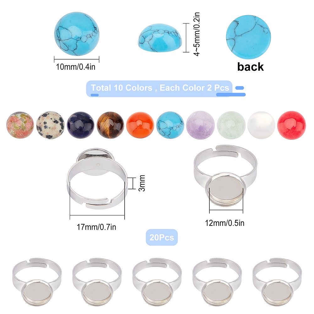 40個の調節可能なステンレス製リングセッティングと10mmのミックスカラージェムストーンカボション付きDIYリング作成キット - ジュエリー作成用クラフト用品、リング作成ツールと用品、ブランク、ジュエリー作成クラフト用品