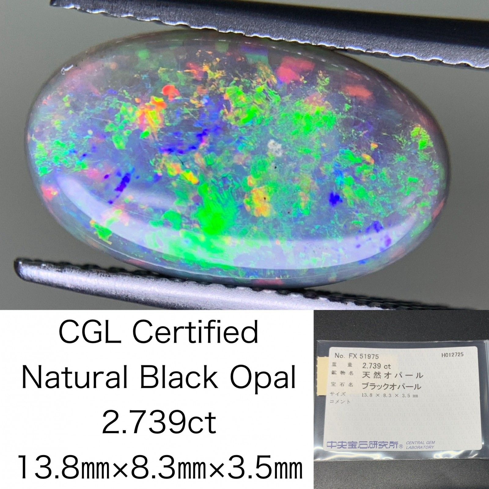 ブラックオパール 2.739ct 中央宝石ソーティング付き 13.8㎜×8.3㎜×3.5㎜ ルース（ 裸石 ） 3870Y