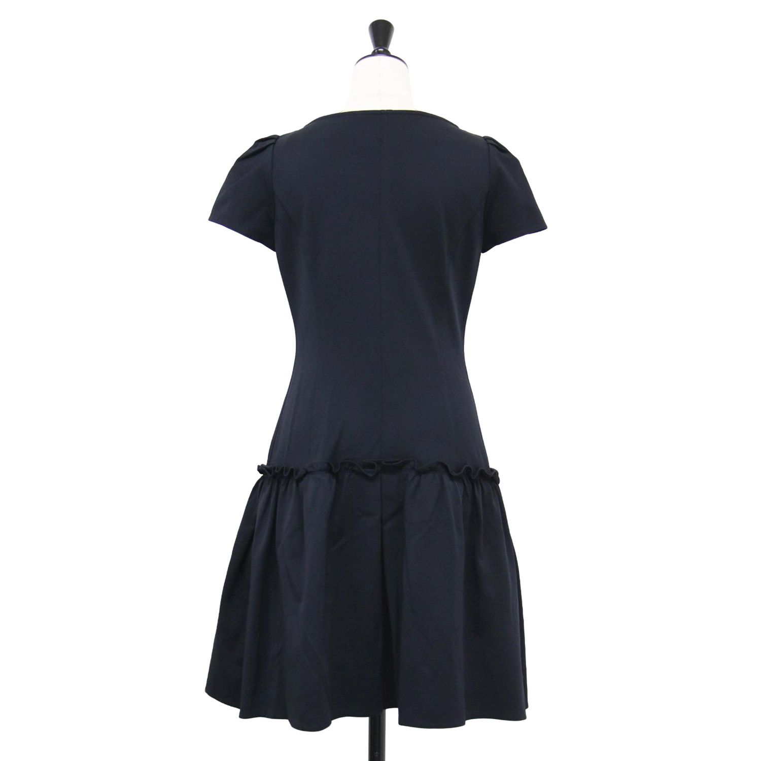 Rene ルネ ワンピース ネイビー 紺 サイズ 34 XS ビジュー付き 半袖 ミニ ワンピース ラウンドネック パフスリーブ フロントジップ ジャージー素材 トップス ドレス レディース