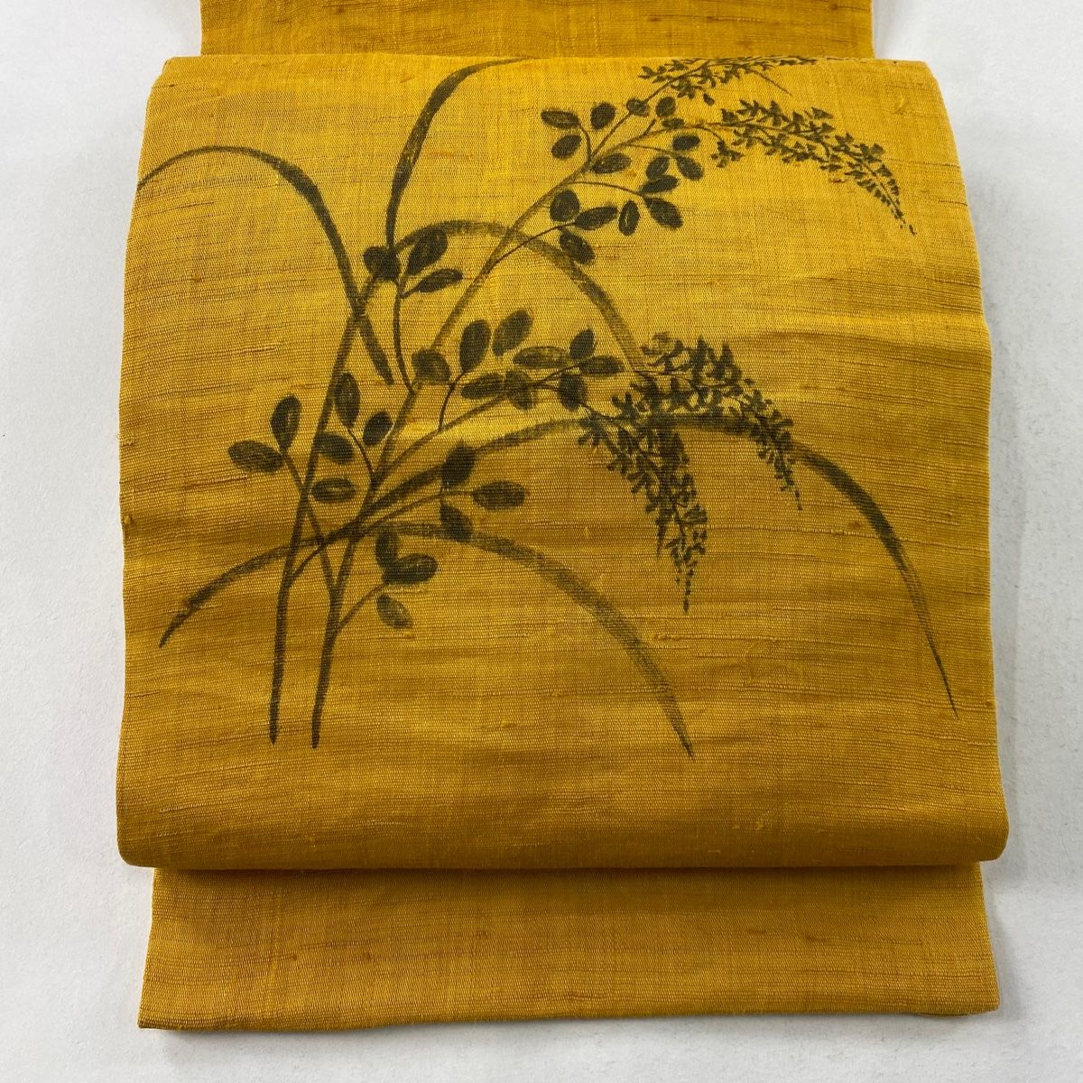 開き名古屋帯 名品 落款あり 紬地 仏像 雲 金彩 クリーム 正絹