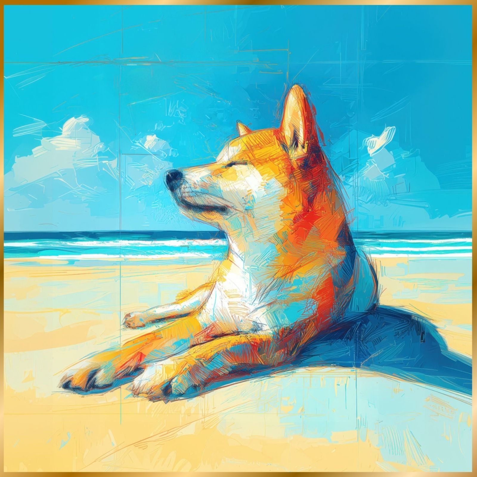柴犬 豆柴犬とビーチのスケッチ No.1 海 犬の絵 犬のイラスト おしゃれ ミニマリスト ミニマリズム シンプル インテリアアート ペットロス うちの子 記念日 アートポスター ギフト プレゼント