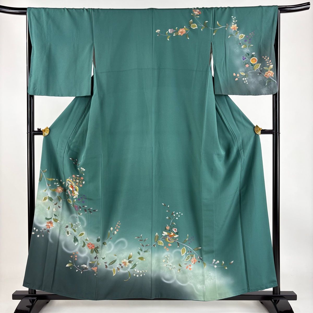 訪問着 身丈157cm 裄丈66.5cm M 袷 花唐草 鳥 刺繍 金彩 緑 正絹 秀品