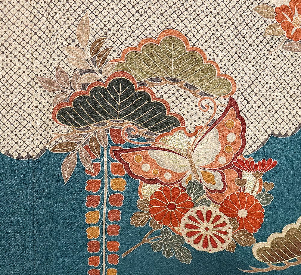 訪問着 袷 正絹 緑 松竹梅 菊 藤 蝶 鹿の子雲 SSサイズ ki30452