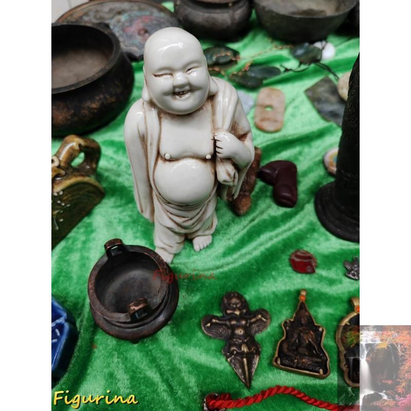 布袋尊の置物 色絵陶器 陶器人形 七福神 布袋様 縁起物 在銘 骨董品 古美術品 七福神 布袋様 骨董品 陶器 布袋さんの置物 仏像 コレクション