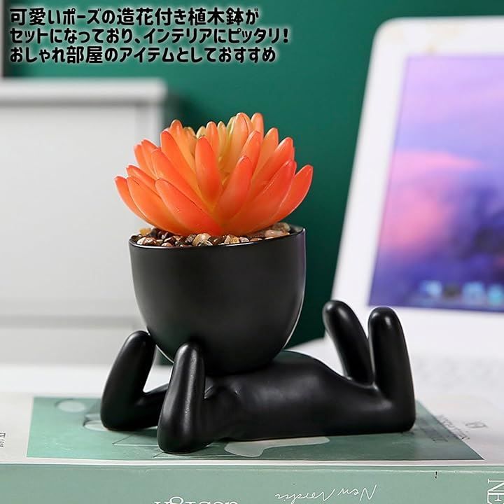 ADOSSY 植木鉢 セット 造花 陶器 おもしろいポーズ 可愛い サボテン インテリア 観葉植物 多肉植物( B,  標準)