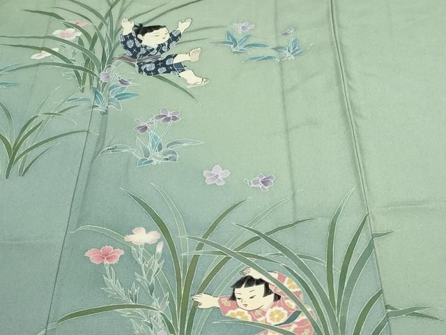 平和屋着物▽十日町友禅作家　関口遼一　訪問着　単衣　童子遊び　暈し染め　正絹　逸品　DAAW9403sf 平和屋着物▽十日町友禅作家 関口遼一 訪問着 単衣 童子遊び 暈し染め