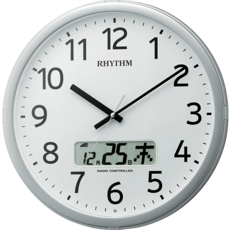 リズム RHYTHM 掛け時計 電波時計 オフィス 24回チャイム機能 時報機能 カレンダー シルバー Φ35×5.5cm オフィス用品 工場 事務所 プログラムカレンダー 01SR 4FNA01S