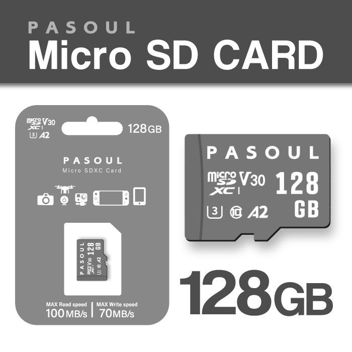 128GB microSDXCカード マイクロSDカード Pasoul UHS-1 U3 V30 A2 規格 4K Ultra HD対応  最大速度100MB s Class10 カメラ スマートフォン タブレット