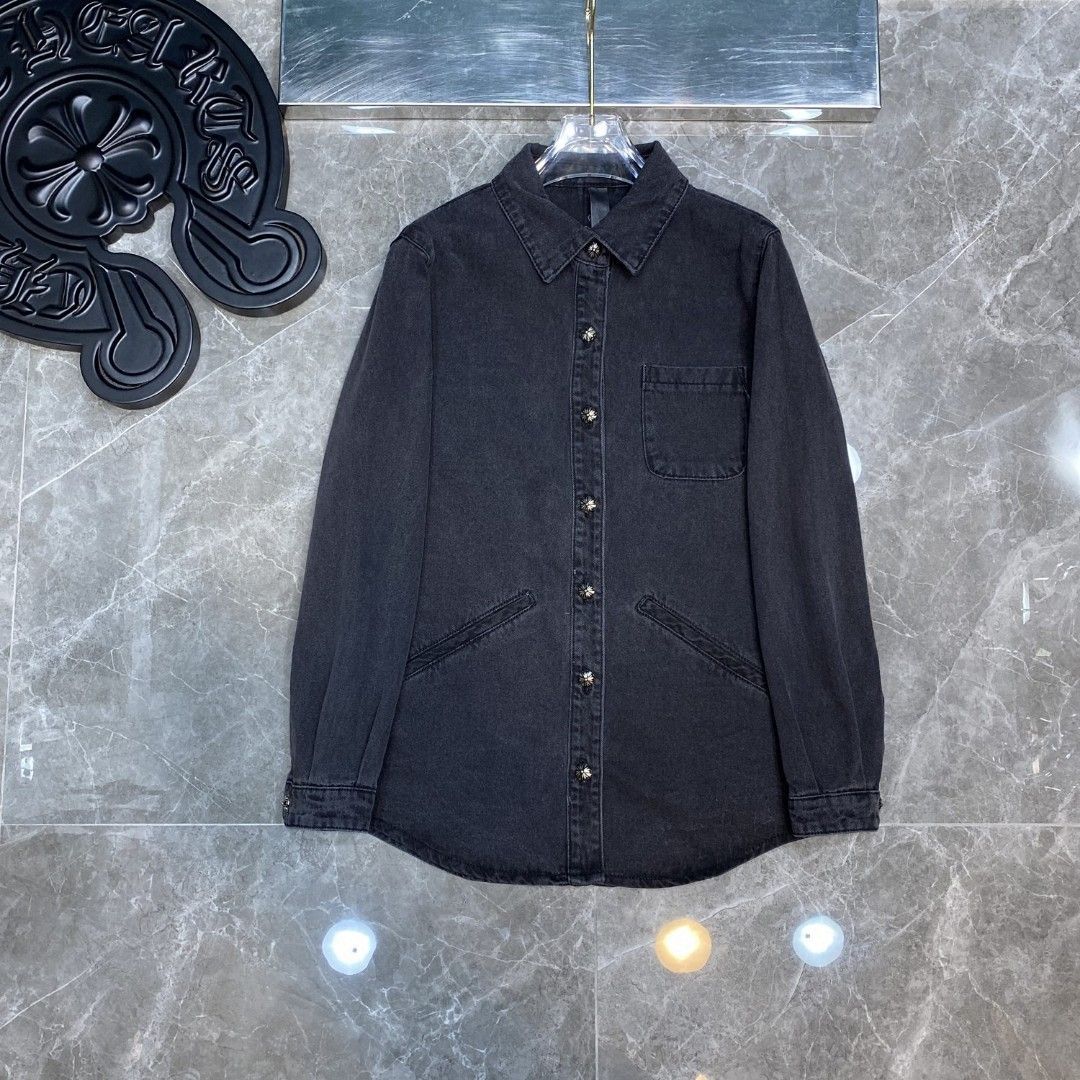 Chrome Hearts メンズ デニムシャツ 刺繍＆レザーパッチ ブラック S-XL | -WTO輸入1
