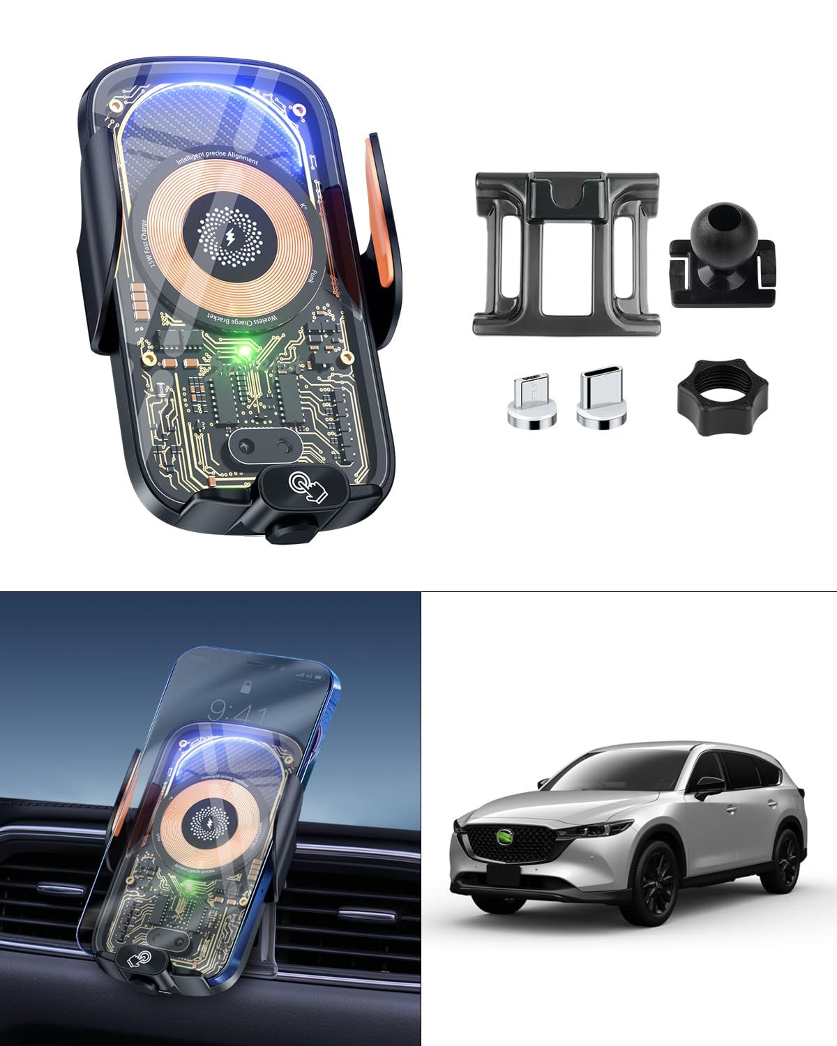 【人気商品】サイバースタイル 車載ホルダー 雑音なし 360度回転 片手操作 ワンタッチ 自動開閉 急速充電 車 取付簡単 急速 15W 車載ワイヤレス充電器 上下に動くコイル ワイヤレス充電 スマ