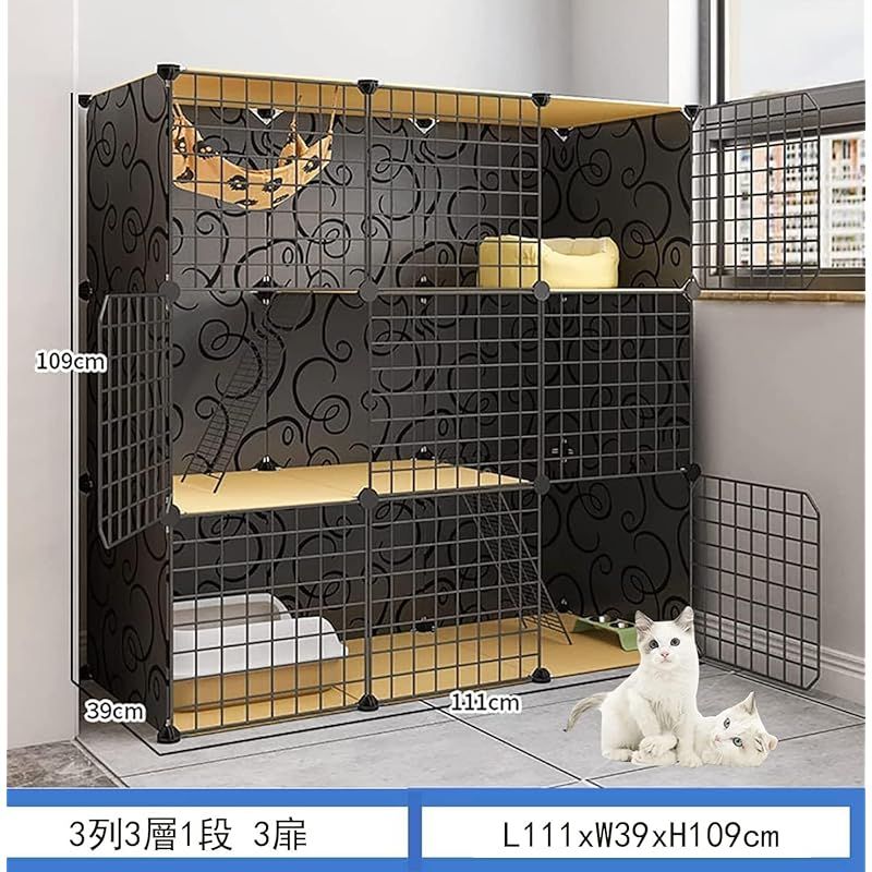 ここでご注文へ ようこそ! Gguwug 猫 ケージ 大型3段 DIYコンビネーション脱走防止 ペット キャットケージ 大型組立簡単折りたたみドア付き猫用ケージ 多頭飼い幅約39×高さ約109cm梯子付き移動便利子猫が 取り外し 出入り便利 大きいスペース